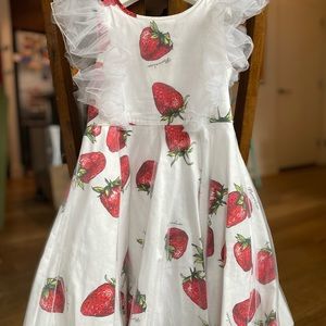 Monnalisa White Strawberry Print Tulle Dress Girls Size 6